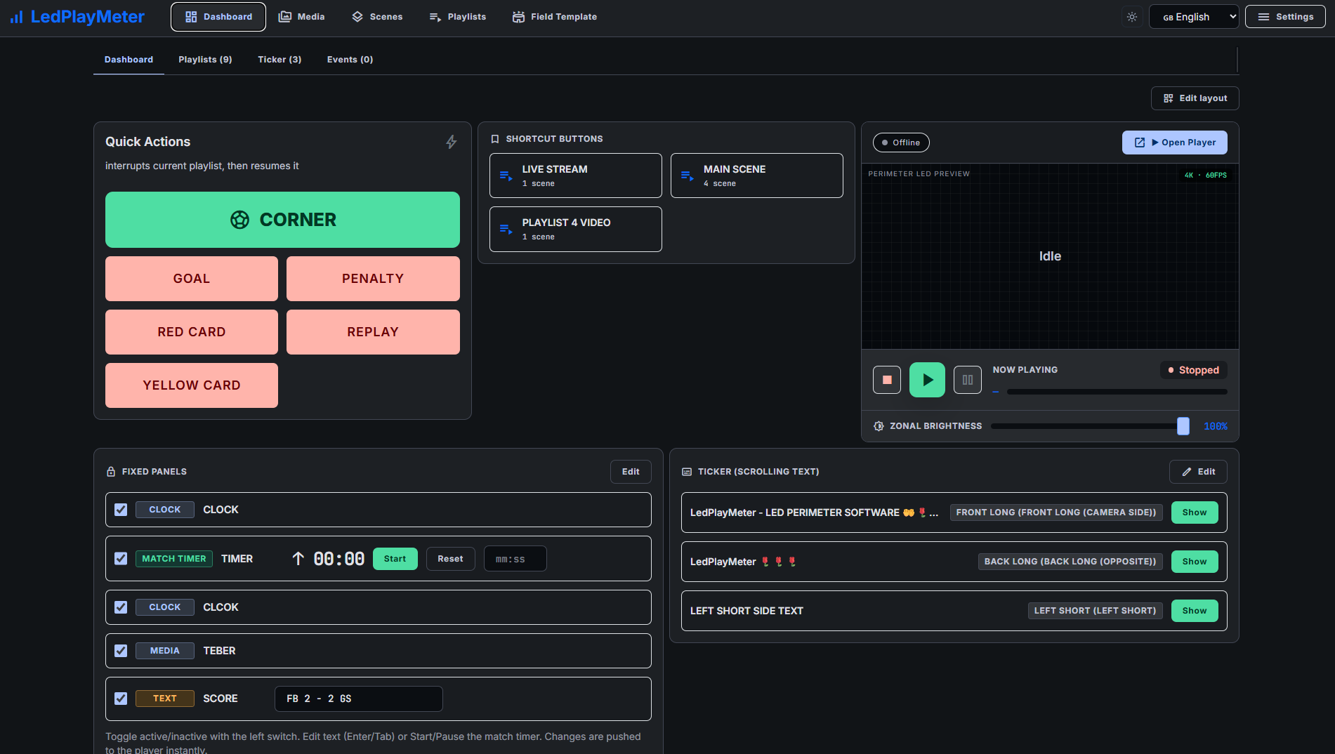LedPlayMeter live control panel — perimeter LED playlist manager